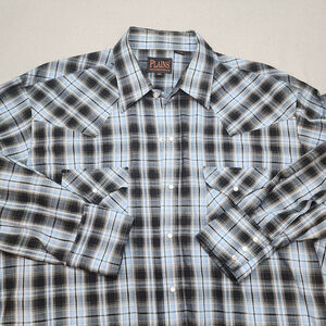 Plains Western Wear Shirt‎ Mens Black & Blue Plaid Pearl Snap Size XL